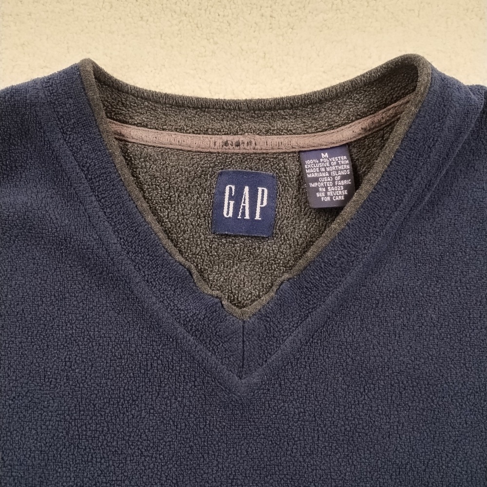 Vintage 90s GAP Fleece Pullover V-Neck Sweatshirt Men's Med Blue Retro Outdoor - Picture 2 of 8